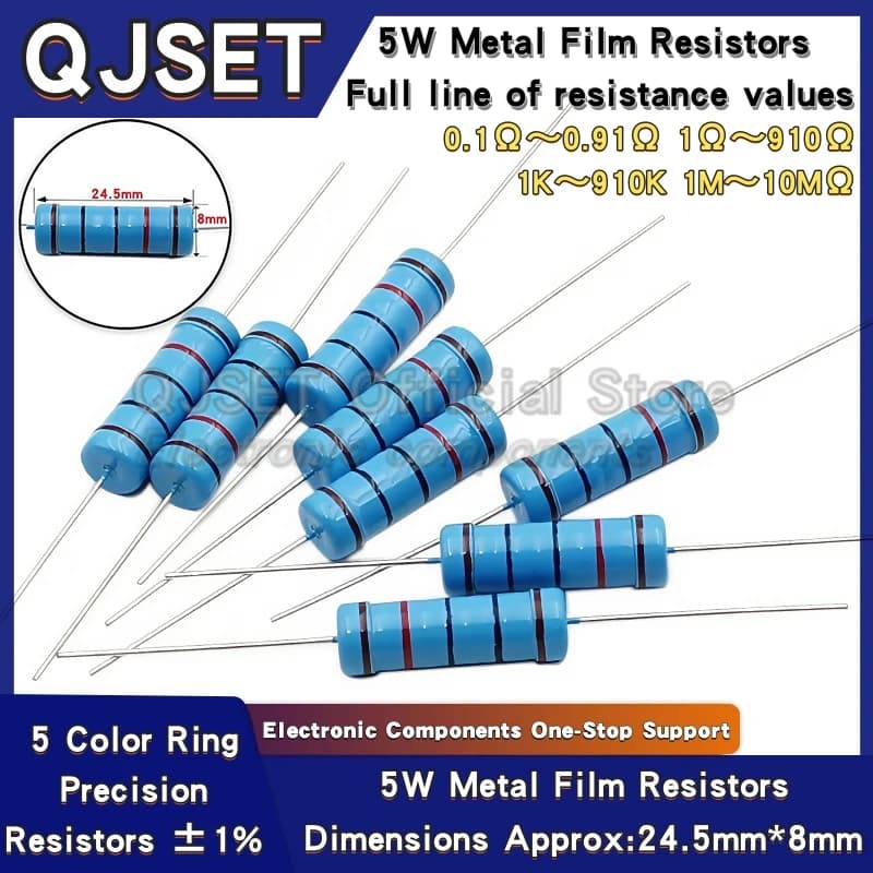 Resistori ad anello colorato a film metallico da 10 pezzi 5W 1% 5W 10R 47 100 200 220 470 510 Ohm 1K 4.7K 10K 47K 100k 200k 220k 510k 470k 10M Ohm