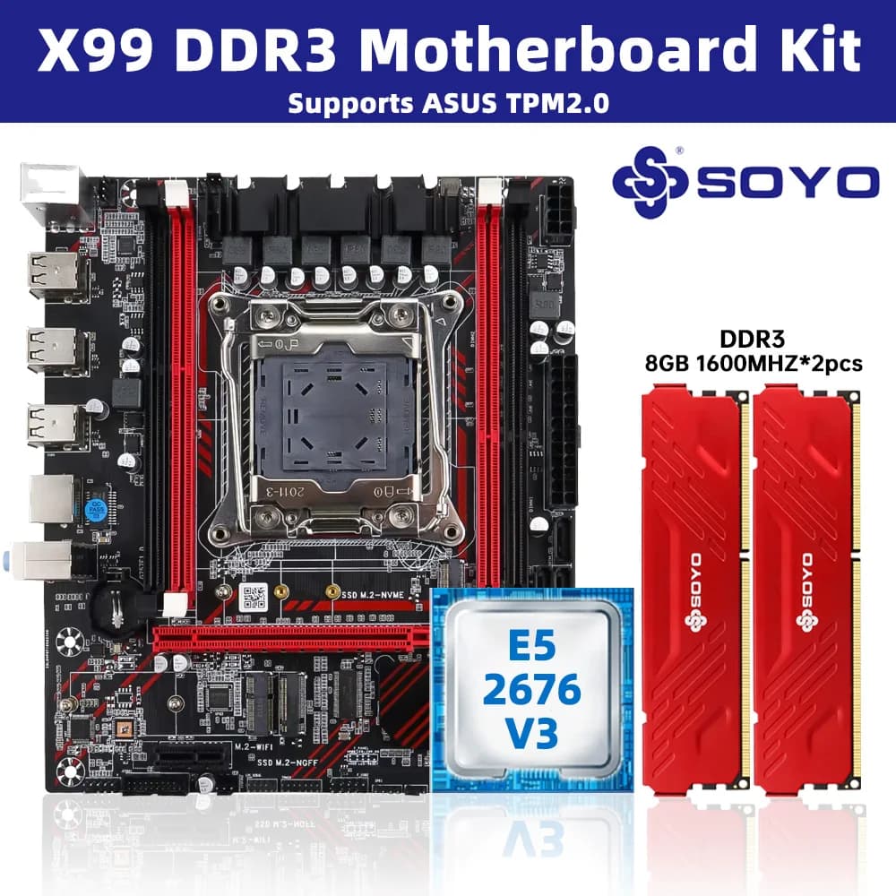 Kit scheda madre SOYO X99 con Intel LGA2011-3 Xeon E5 2676 V3 e DDR3 8GB (1*8GB) 1600MHz Dual Channel RAM M.2 NVME