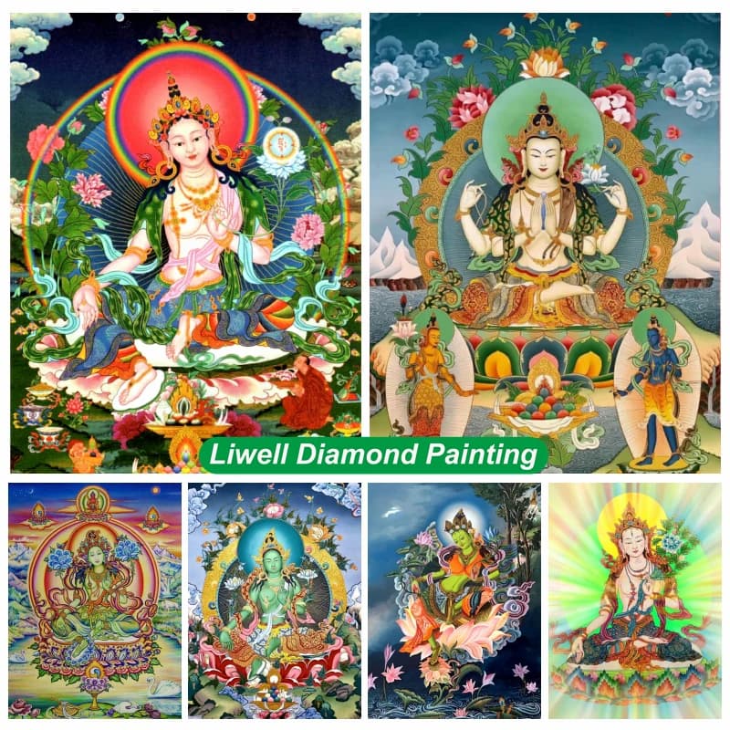 Tara Buddha Pittura piena di diamanti Thangka Arte Verde Religione Buddismo Mandala Punto croce di cristallo Mosaico artigianale Decorazioni per la casa