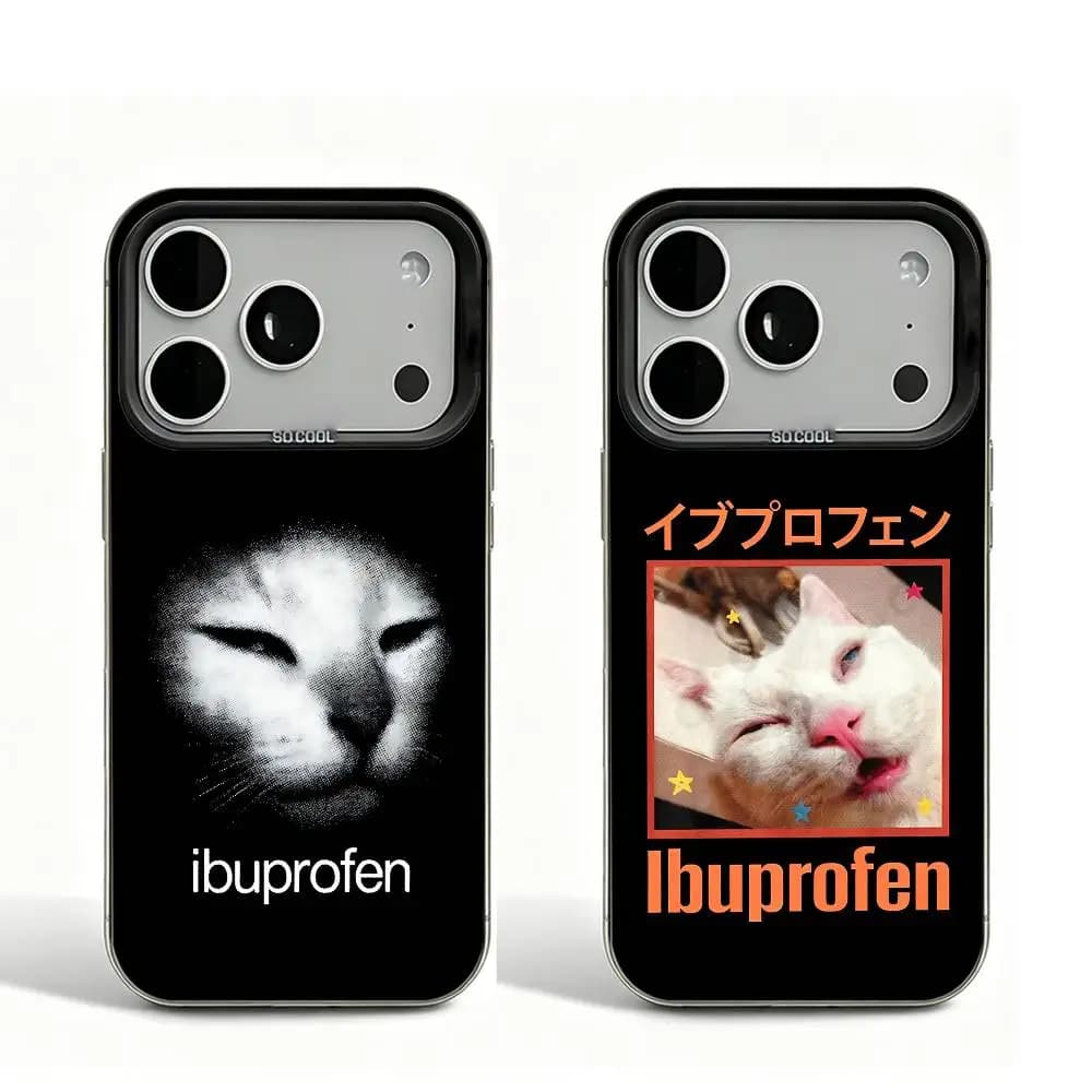 Ibuprofen Cat Black Matte Phone Case For iPhone 12 11 14 13 17 16 15 Pro Max Plus Air XR Large Lens Frame Cover