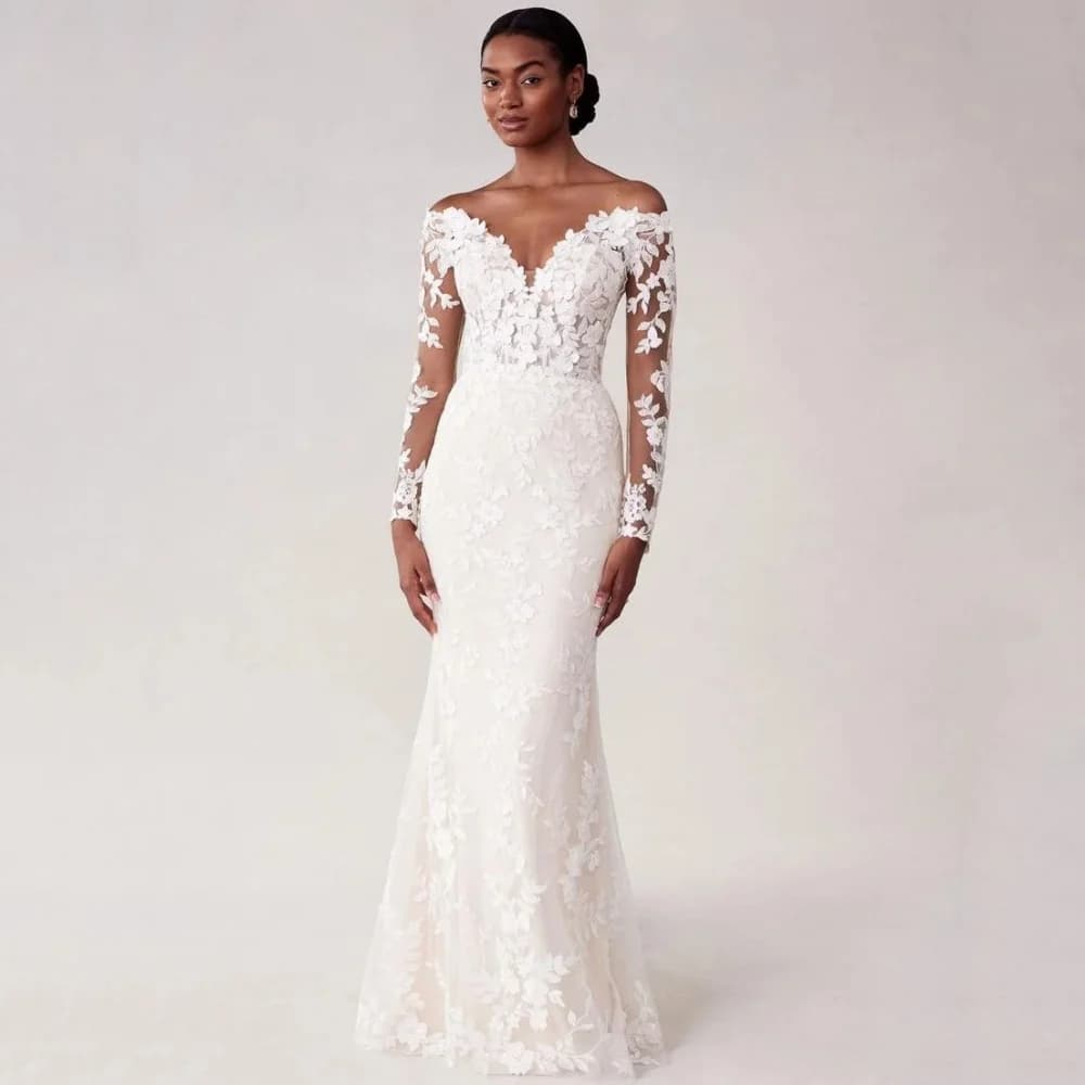 Abiti da sposa in pizzo di lusso personalizzati con scollo a V Abito da sposa a sirena con spalle scoperte Abito da sposa a maniche lunghe Abiti da sposa