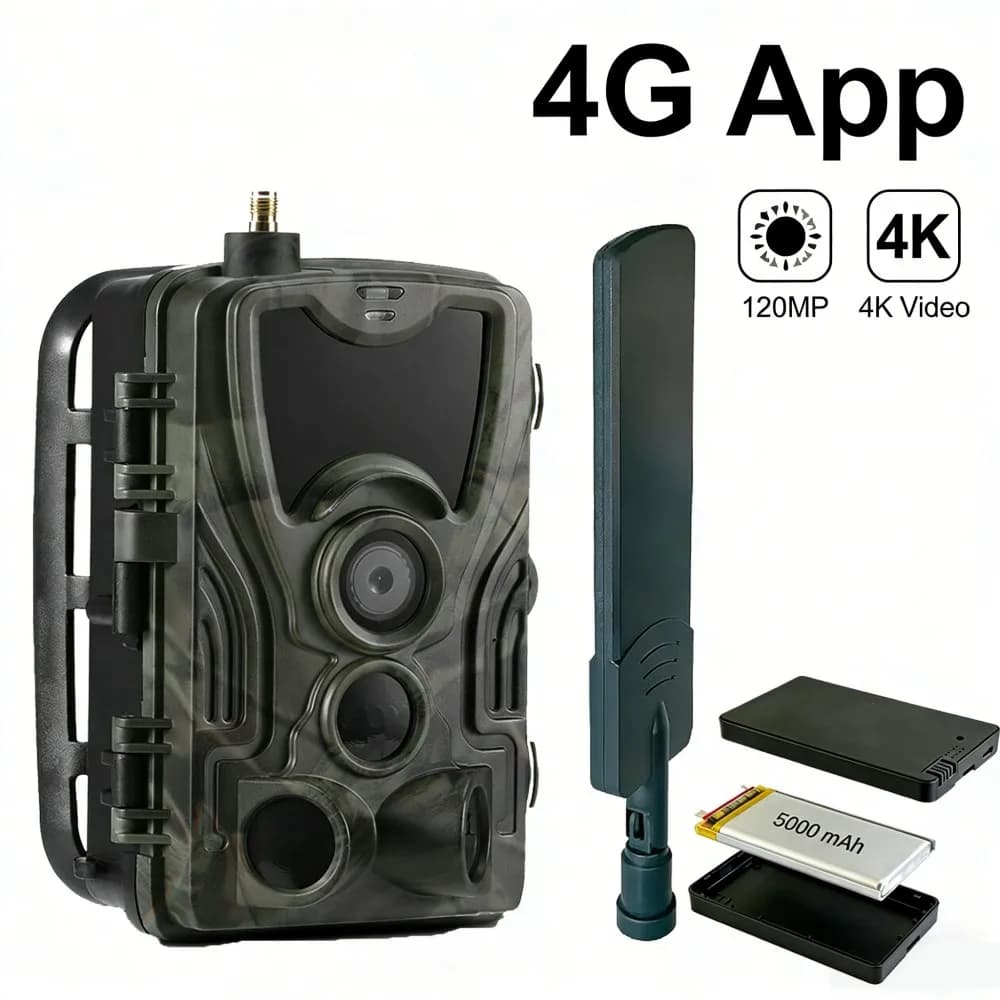 Fotocamera da Caccia 4G 4K 120MP con Video Live, Batteria 5000mAh, APP, Connessione Cellulare, IP66, Visione Notturna per Fauna Selvatica
