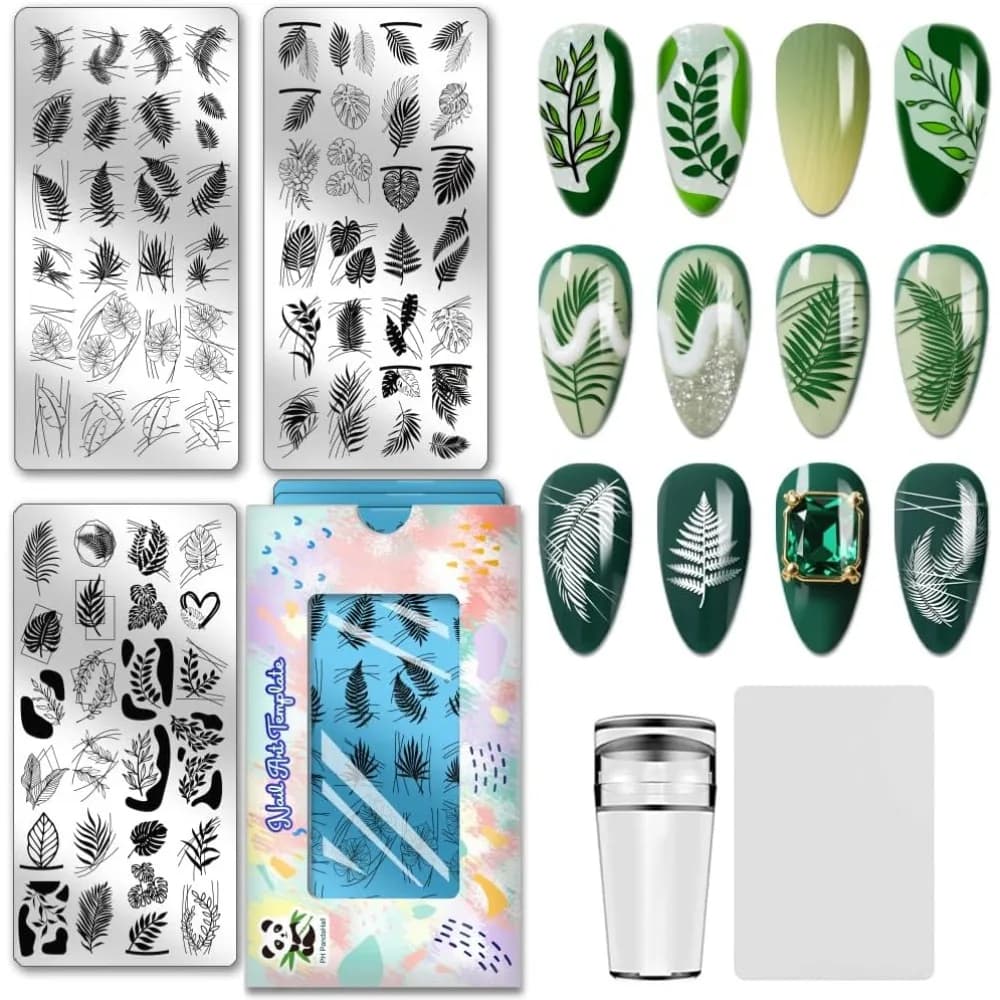Set di 3 Stampi per Nail Art in Acciaio Inossidabile, Forme Rettangolari e a Foglia, 12x6cm