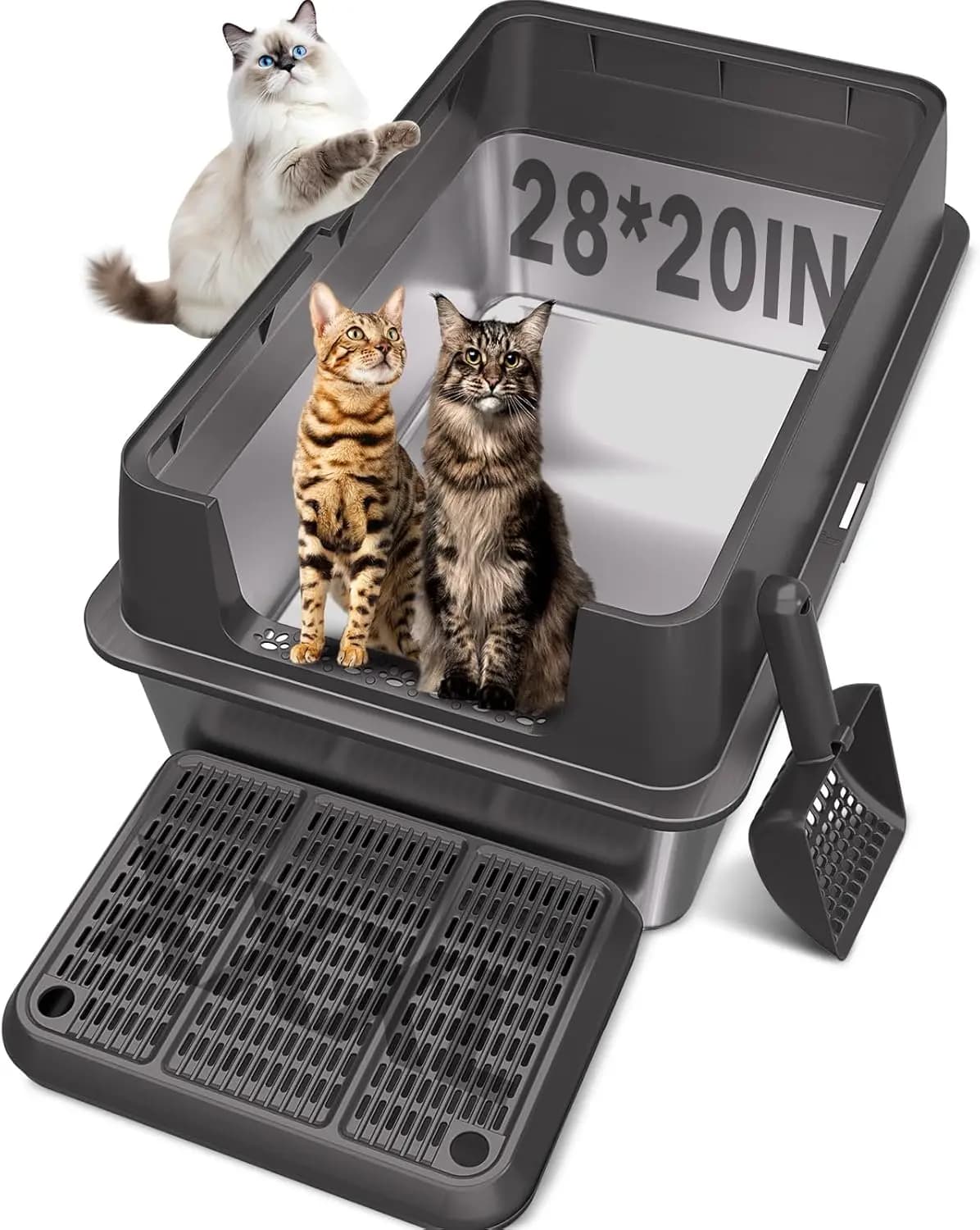 XXL Stainless Steel Litter Box with Lid, 28"L x 20"W Extra Large Cat Litter Boxes for Big Cats, Jumbo Metal Litter Box with Footboard & Scoop, Anti-Leakage, Non-Sticky, Odorless, Easy to Clean