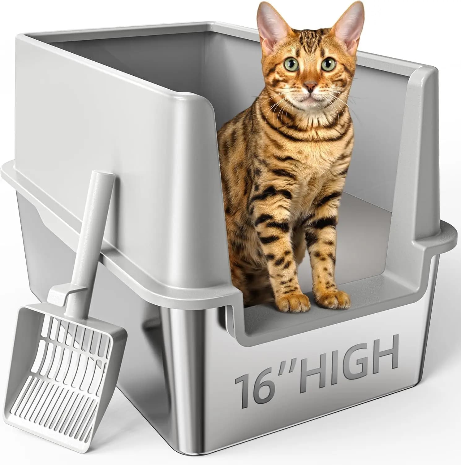 Extra Large Stainless Steel Litter Box, High Sides, Enclosed, Odor-Free, Easy Clean, for Big Cats