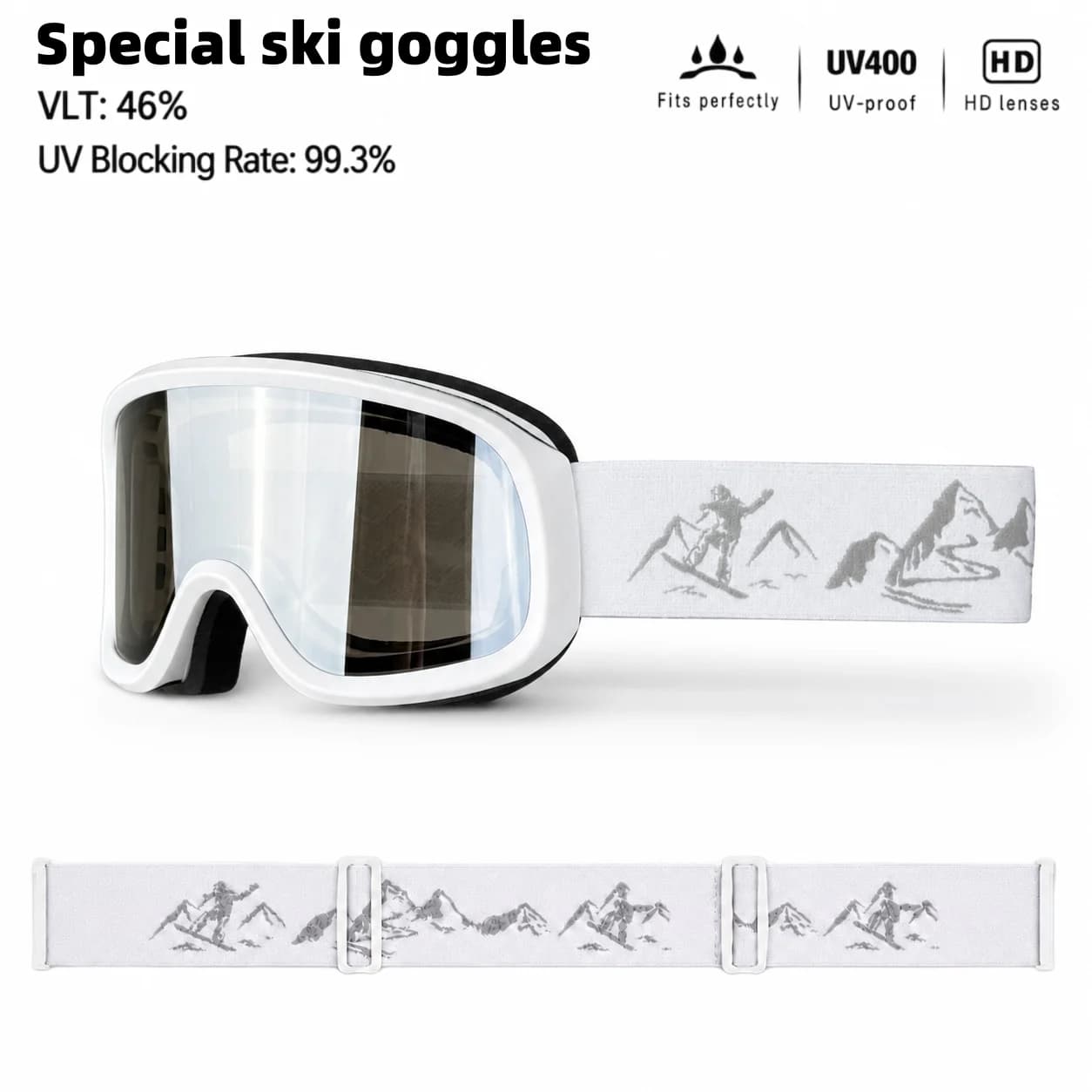 Ski Goggles with Snow Mountain Printed Strap, UV Protection, Double-Layer Anti-Fog Lenses, Adult Goggles for Skiing Snowboarding