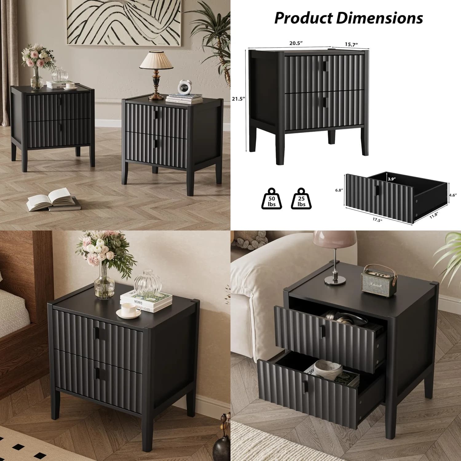 Set di 2 Comodini Neri, Comodino Moderno con 2 Cassetti Portaoggetti, Tavolino da Notte Scanalato con Maniglia in Metallo, in Legno, Personalizzabile