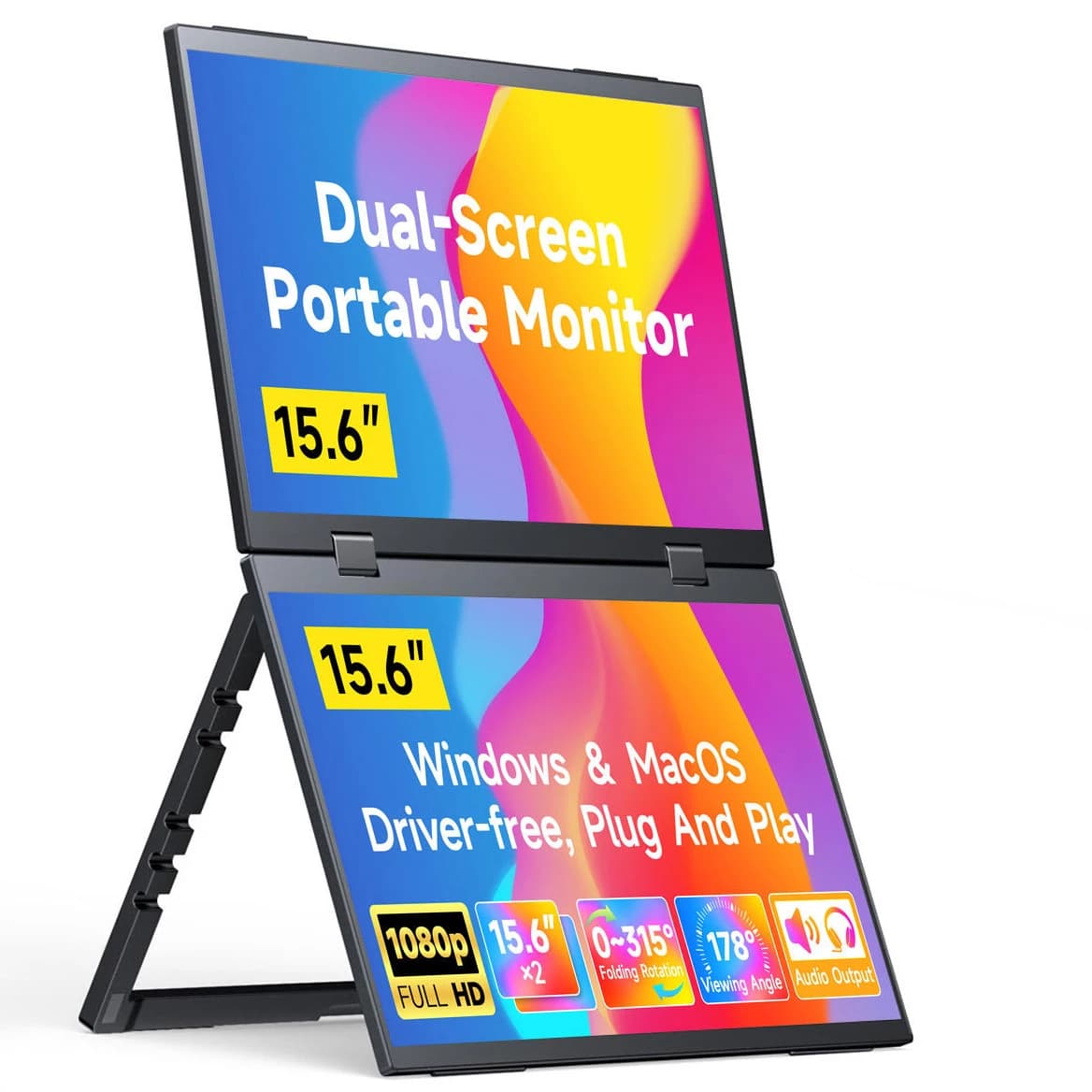 AHXJKA 15.6 Inch Double Folding Monitor, Triple Portable Display with Integrated Support, VESA Screen Free Adjustment for PC, Windows, PS4/5