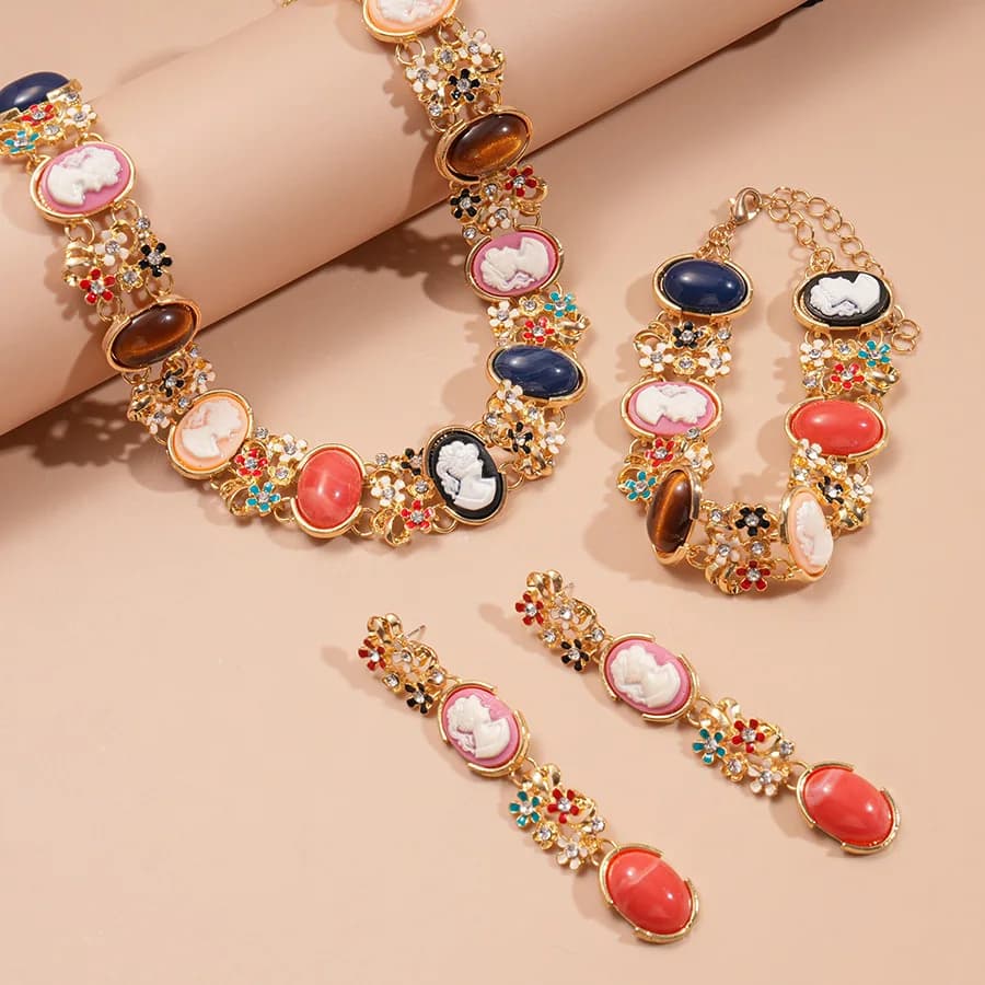 Colorful Flowers Portrait Resin Bracelets Dedicate Palace Style Vintage Rhinestones Chokers Necklaces Oval Pendant Earrings B