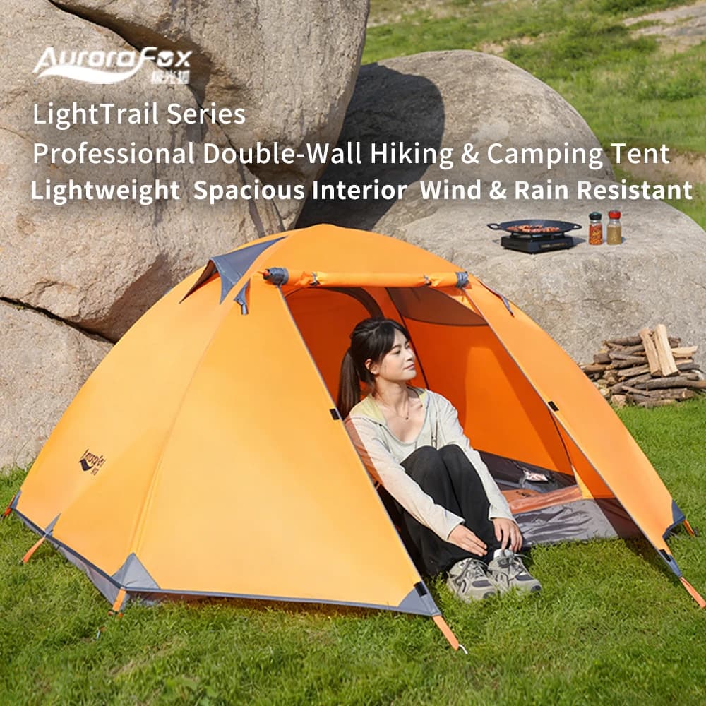 Aurora Fox Tent for 2 People, Orange, Double Road, Aluminum Poles, Anti-UV, Ultralight for Camping and Family Trips