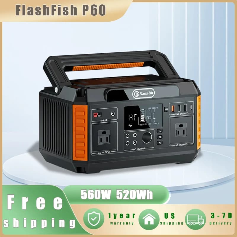 Flashfish P60 Centrale elettrica portatile Generatore solare da 520 W Batteria agli ioni di litio da 520 Wh Backup domestico Alimentazione mobile da campeggio all'aperto