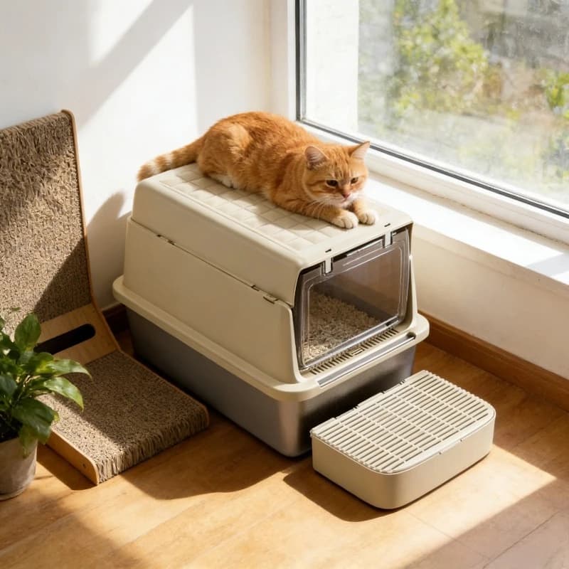 Lettiera per Gatti Extra Large in Acciaio Inossidabile, Toilette per Gatti Multifunzione con Coperchio Ribaltabile, Anti-Schizzi e Anti-Odore