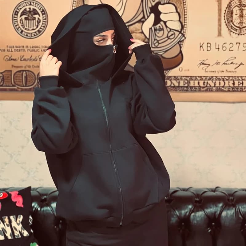 Felpa con cappuccio da donna allentata Harajuku con cerniera intera Felpa con cappuccio nera oversize streetwear vintage Felpa con doppio cappello punk gotico Y2k