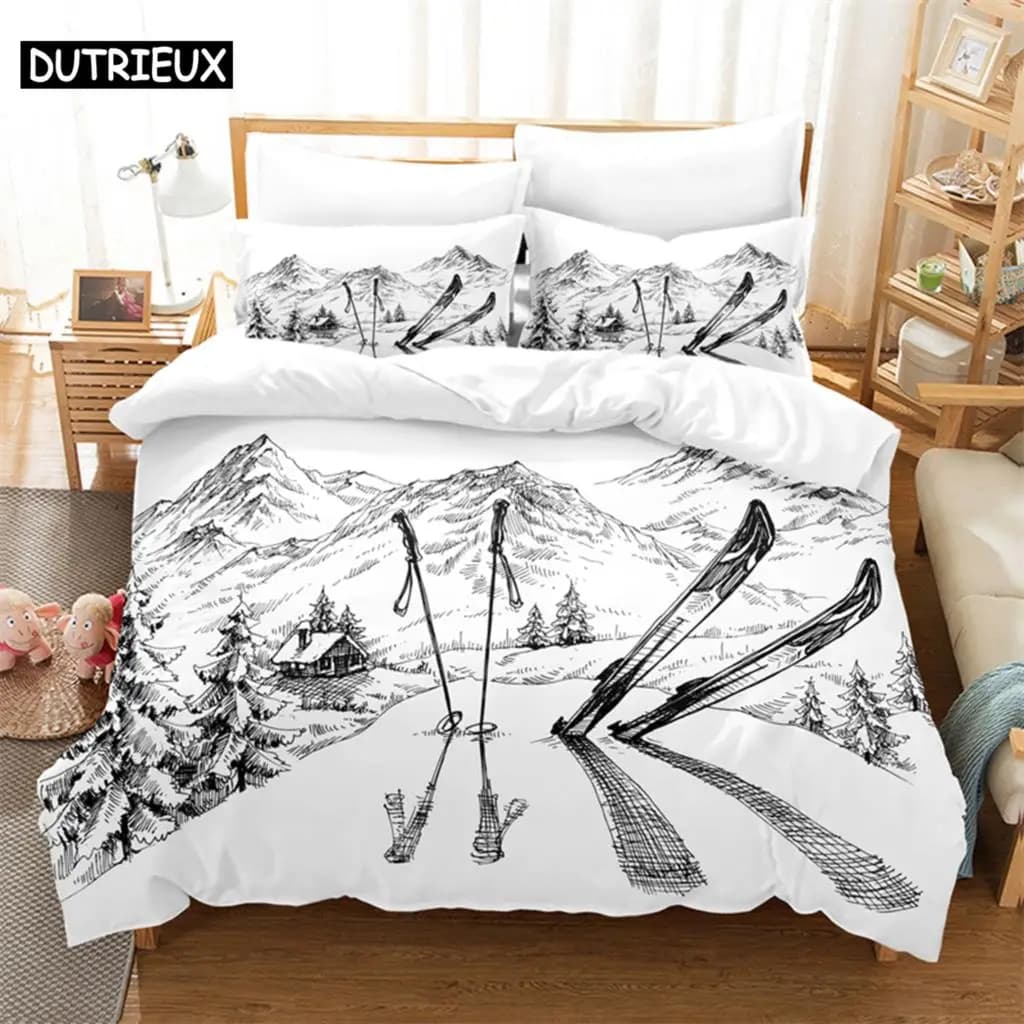 Set di Biancheria da Letto con Stampa Digitale 3D, Design Moda Sci, Copripiumino Misura Queen