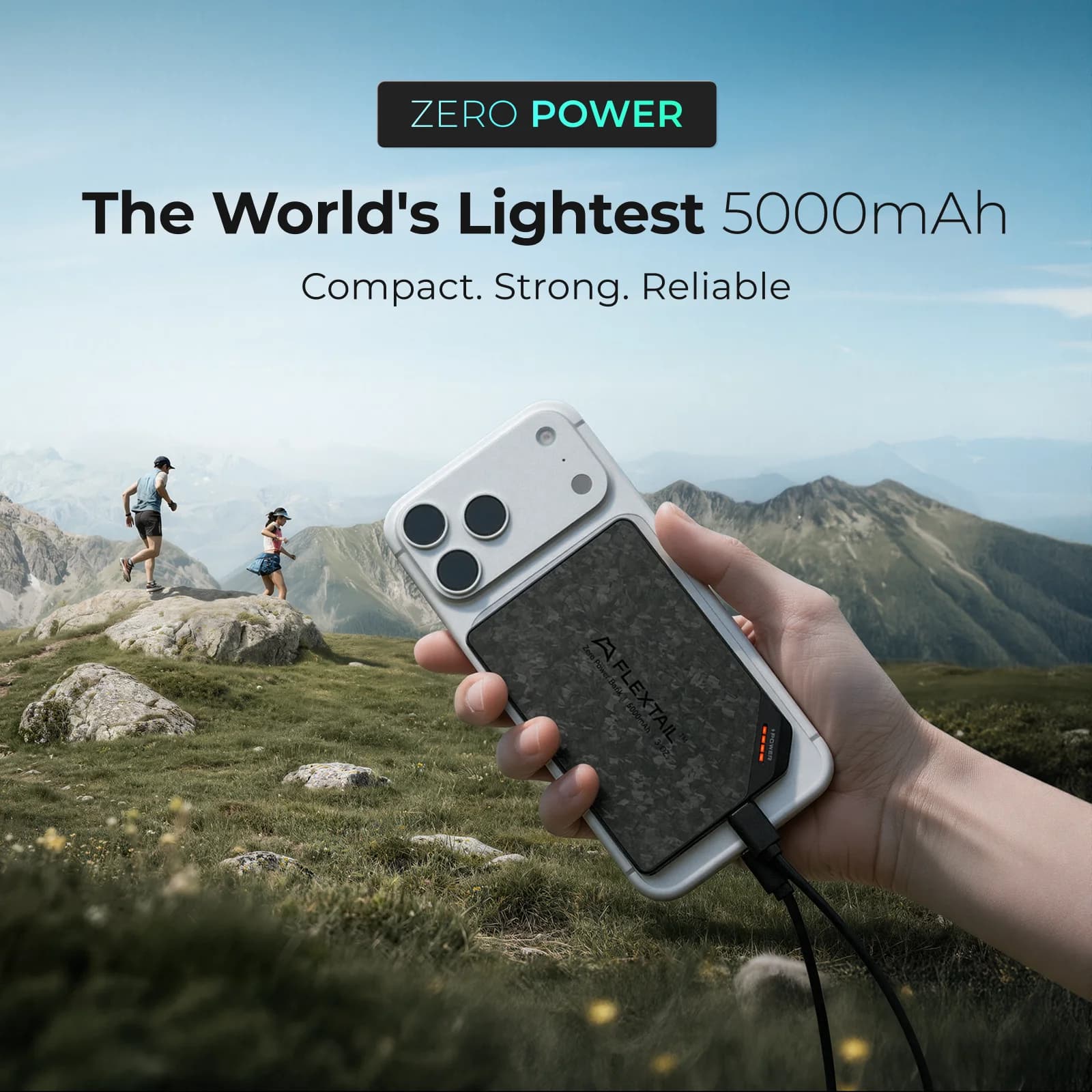 FLEXTAIL ZERO POWER - Power Bank 5000mAh, Scocca in Fibra di Carbonio Forgiata, Doppia Porta USB-C, Batteria di Ricambio a Ricarica Rapida per iPhone 17