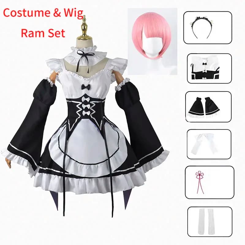 Ram Rem Re Zero Re Life Different World Costume Cosplay Cameriera Servo Abito Gemelli Parrucche Set completo per Ruolo Playa;2,c'4,h.
