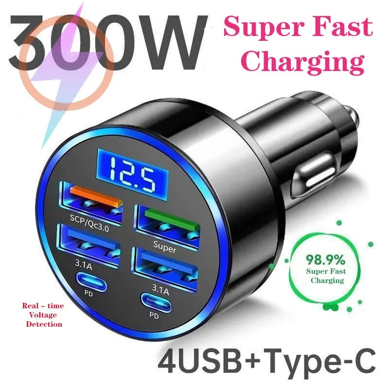 300W 6 Ports Car Charger Fast Charging PD/QC/SCP/FCP/AFC/PSS Car Cigarette Lighter Flash Charge with Digital Display FOR PHONES