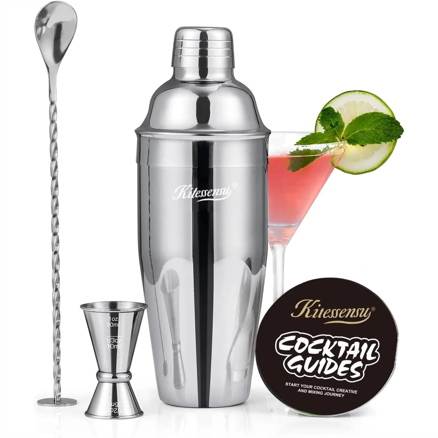 Shaker per Cocktail, Set da 24oz con Filtro, Jigger, Cucchiaio, Guida alle Ricette, Set Professionale per Principianti, Argento