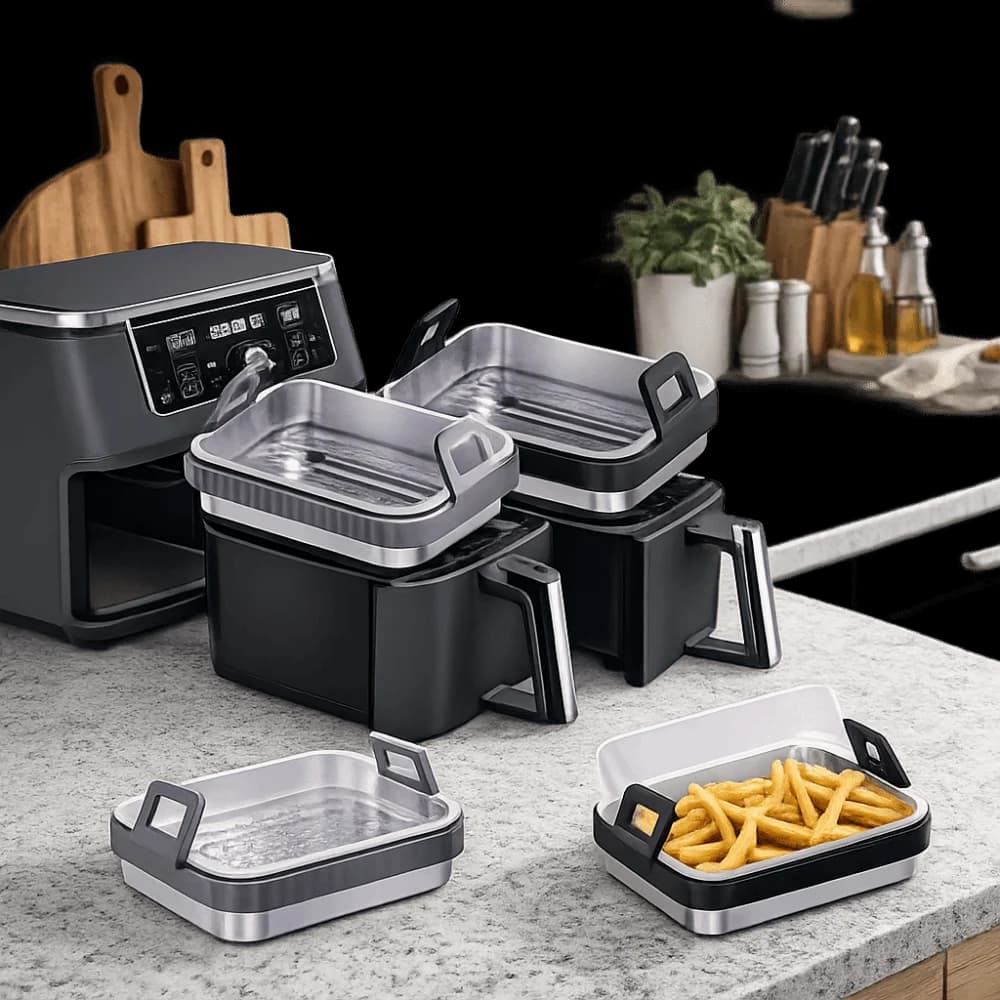 Teglia da Forno Anti-scottatura in Acciaio Inossidabile per Friggitrice ad Aria, Resistente al Calore con Griglia e Coperchio, Manico in Silicone