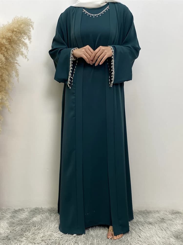 Eid Abaya Musulmano Donna Set da 2 pezzi con abito interno Kimono con diamanti Cardigan Ramadan Abaya Caftano Dubai Abito lungo Abiti Largo