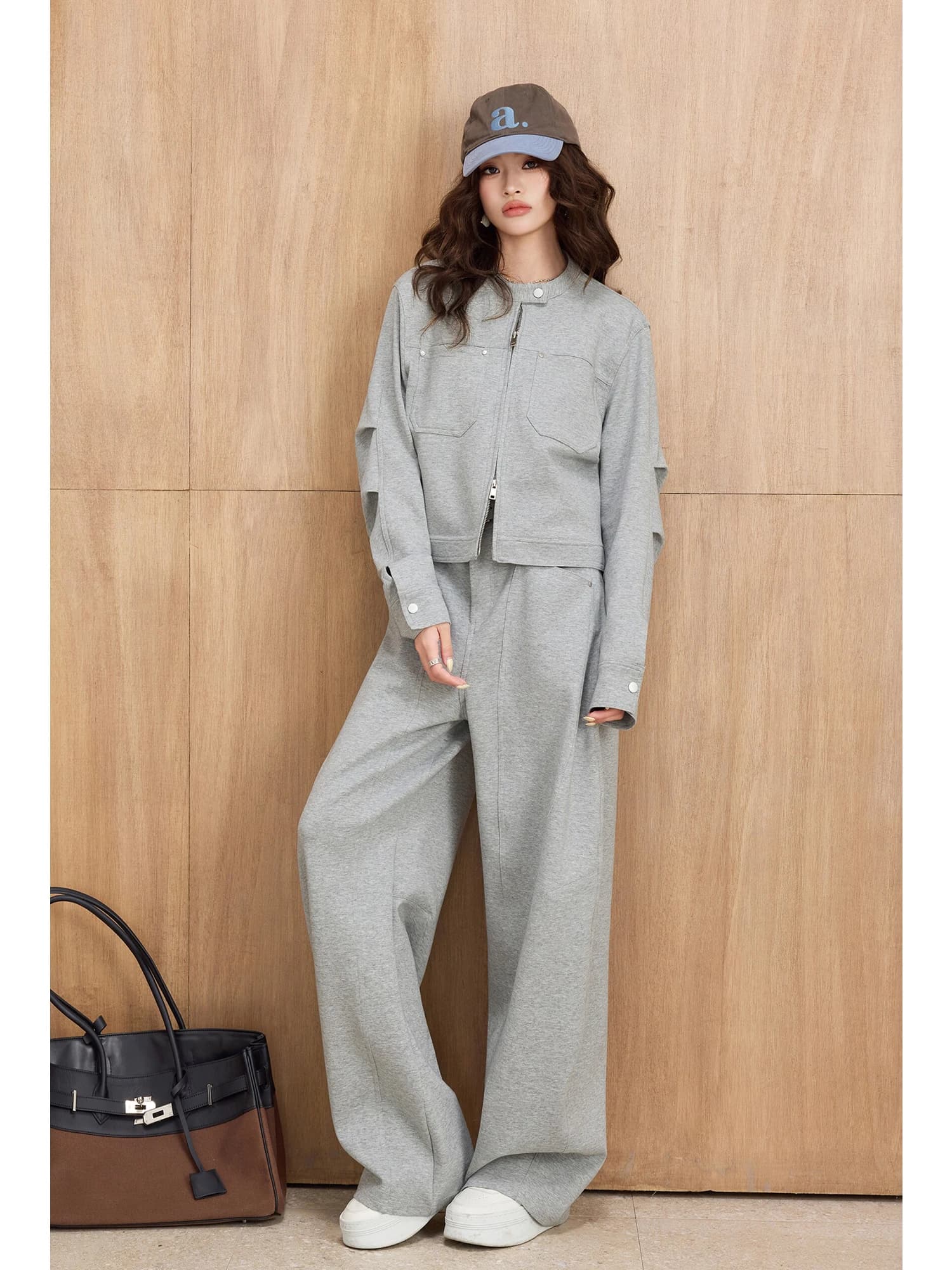 Nuovo Completo Grigio Stile Workwear Casual: Giacca Corta e Pantaloni a Vita Alta a Gamba Larga, Set Due Pezzi per Donna, Moda Primaverile per il Lavoro