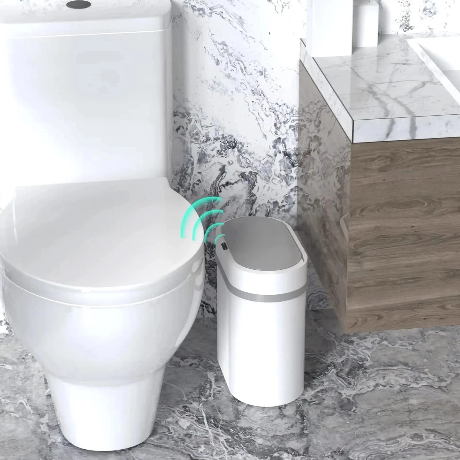 Pattumiera da bagno con sensore di movimento Pattumiera automatica senza contatto con coperchio, piccola pattumiera impermeabile per soggiorno camera da letto ufficio
