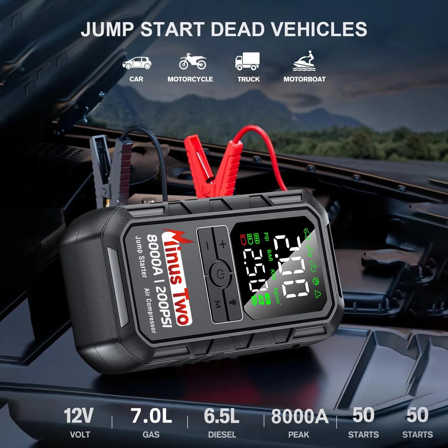 Avviatore d'Emergenza per Auto 8000A con Compressore d'Aria, Gonfiatore Pneumatici 200PSI, Power Bank 99800mAh, Ricarica USB-C, Borsa EVA per 12V Benzina/Diesel