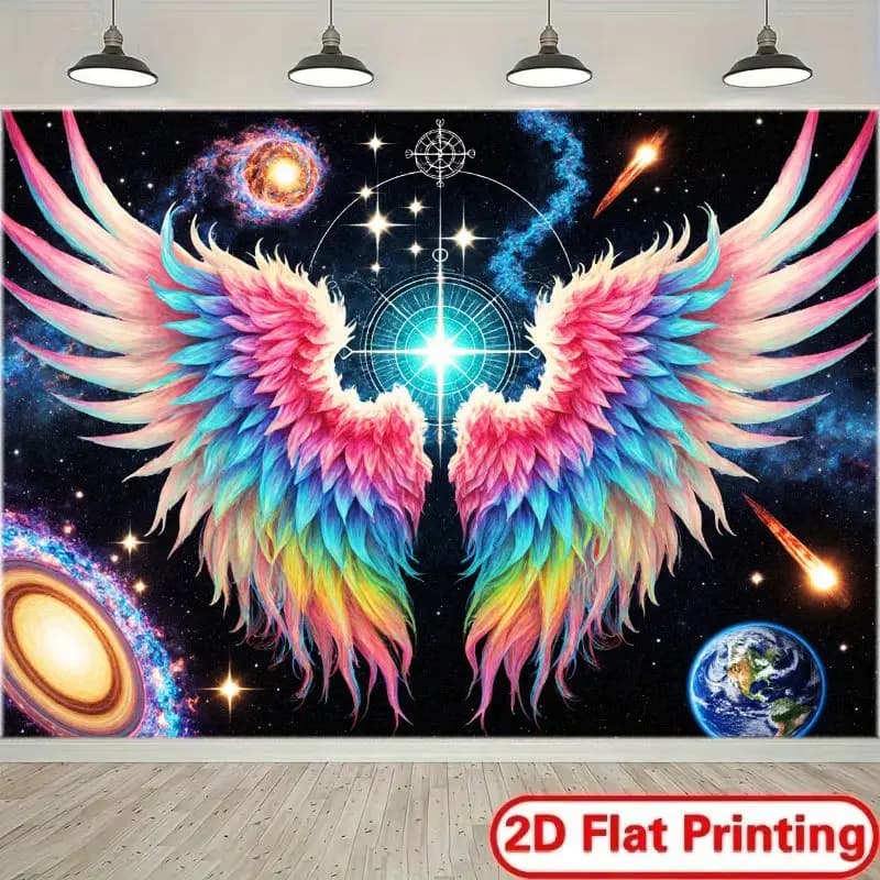 2D Flat, Rainbow Angel Wings Galaxy Space Tapestry Cosmic Fantasy Wall Art Bedroom Decor Spiritual Celestial Background Print