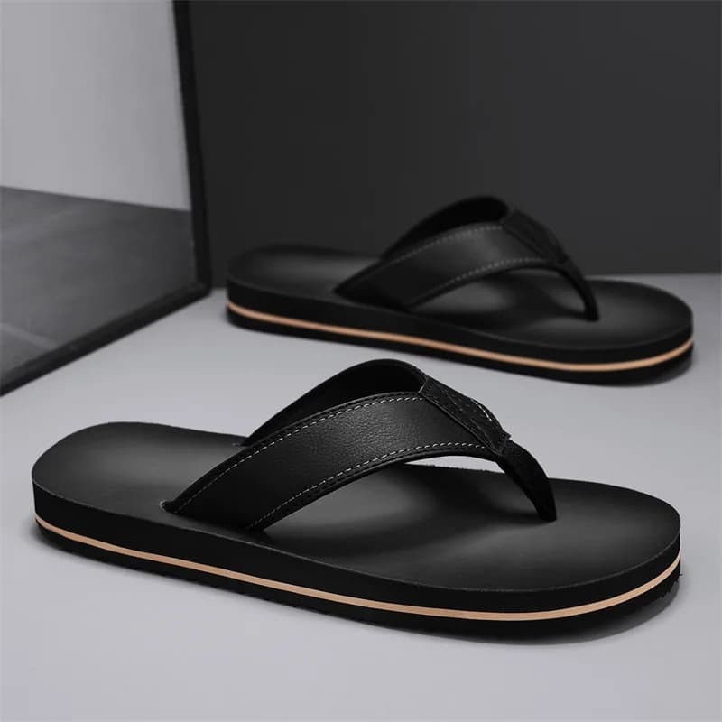 Men's Vintage Washed Faux Leather Flip Flops, Stitched Strap Multi-layer Wrapped Flat Sole Casual Beach Thong Sandals