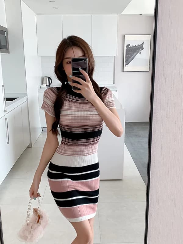 Dongda Gate Abito da donna alla moda estivo slim fit con gonna corta in maglia e motivo a righe interne in stile coreano