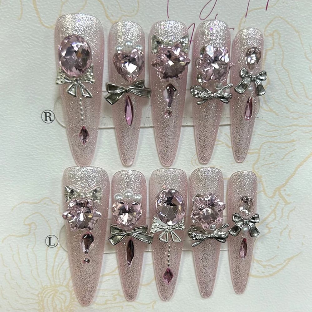 Faux Nails of Luxury Pink Effect Cat Eye with Glitter, Stiletto Handmade, Sweet and Cool with 3D Diamonds and Pearls, Long Toe Removable