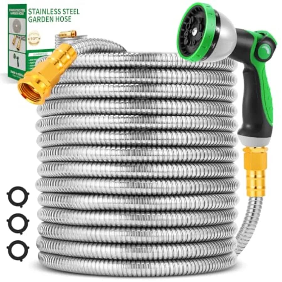 Tubo da Giardino Flessibile in Acciaio Inossidabile da 15 Metri con Ugello a 10 Funzioni, Anti-Piega, Anti-Perdita, Resistente all'Usura, 3/4 GHT