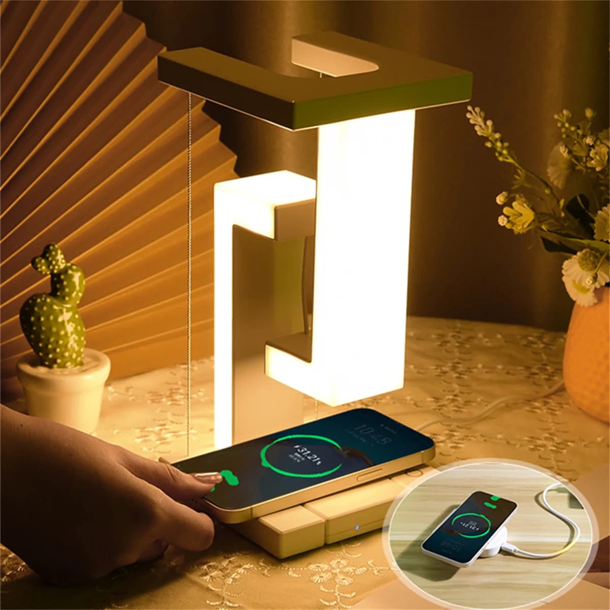 Floating desk lamp with wireless charger, charging port with USB output, charging station for iPhone, table lamp bedside table lamp