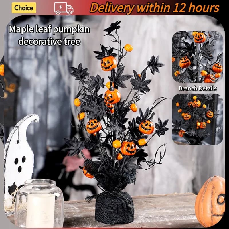 Halloween Decorations Pumpkin Head Black maple leaves Artificial tree Table ornaments House decorations for parties