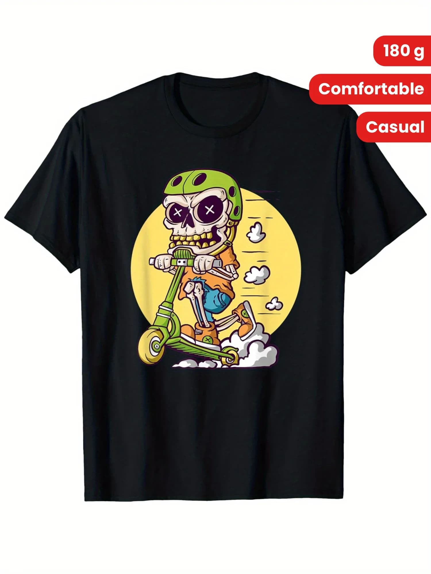 T-shirt Grafica con Scheletro Cartoonista su Monopattino per Uomo e Donna - Maglietta Streetwear Oversize Pesante 180gsm