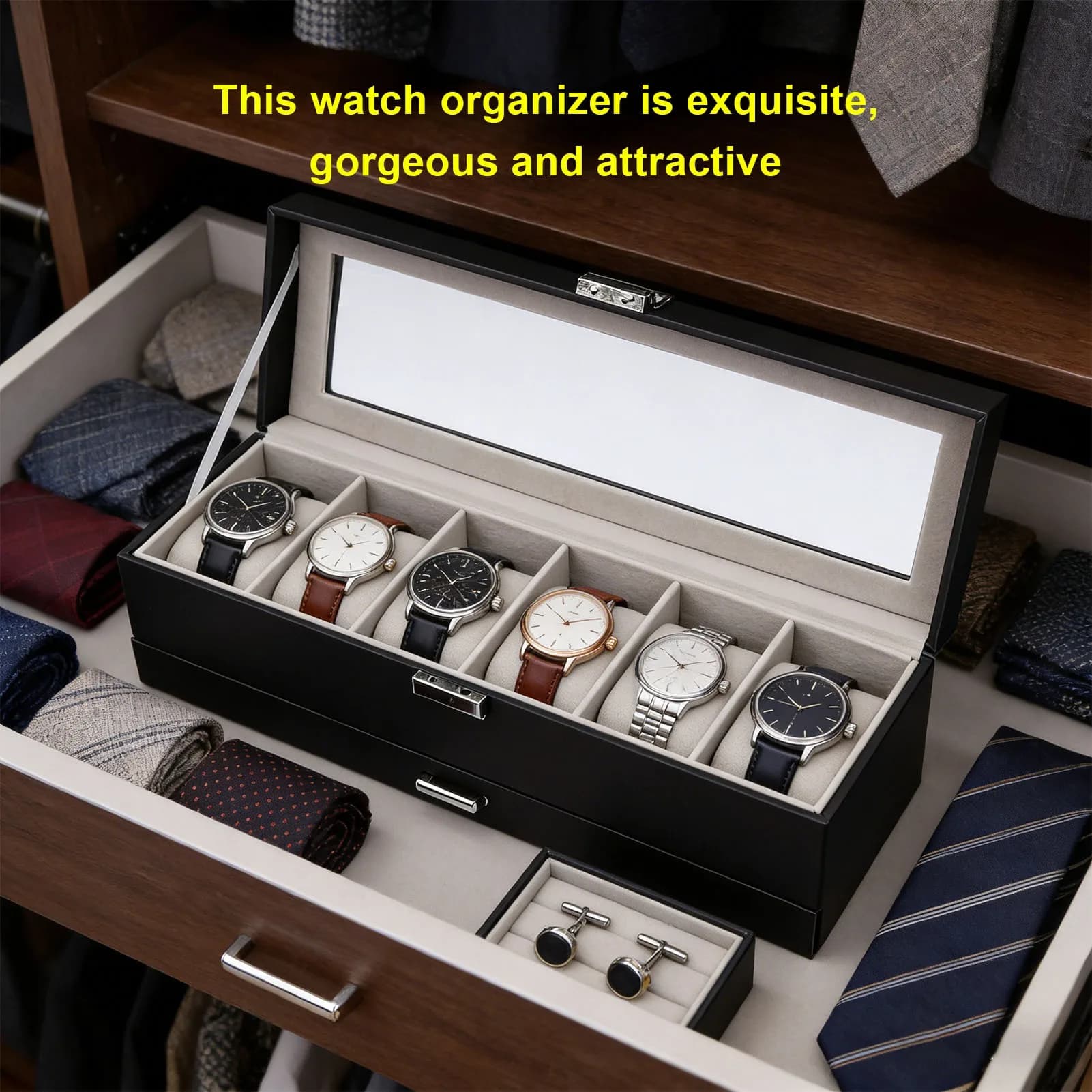 Organizzatore per Gioielli e Orologi, Espositore a 6 Scomparti, Scatola Porta Orologi a 2 Livelli, Organizzatore per Gioielli Nero