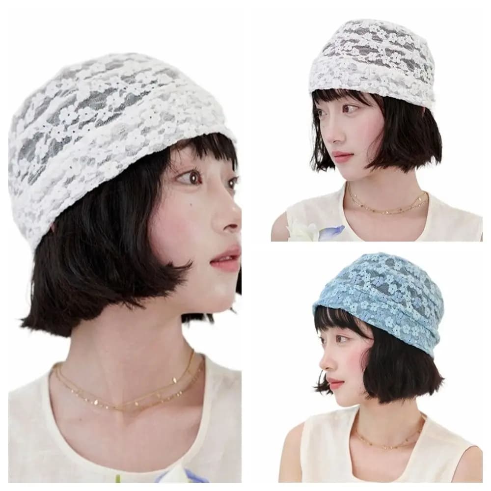 Breathable Flower Lace Pullover Hat Thin Mesh Beanies Hat Korean Style Big Head Sunscreen Cap Apparel Accessories