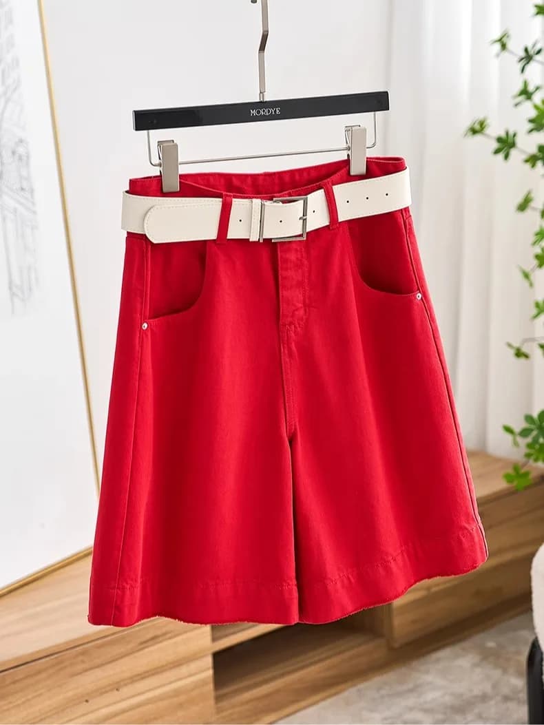 Pantaloncini in Denim a Vita Alta e Gamba Larga per Donna, Abbigliamento Esterno alla Moda con Cintura Rossa, Stile Casual con Chiusura a Zip, Shorts Estivi in Jeans