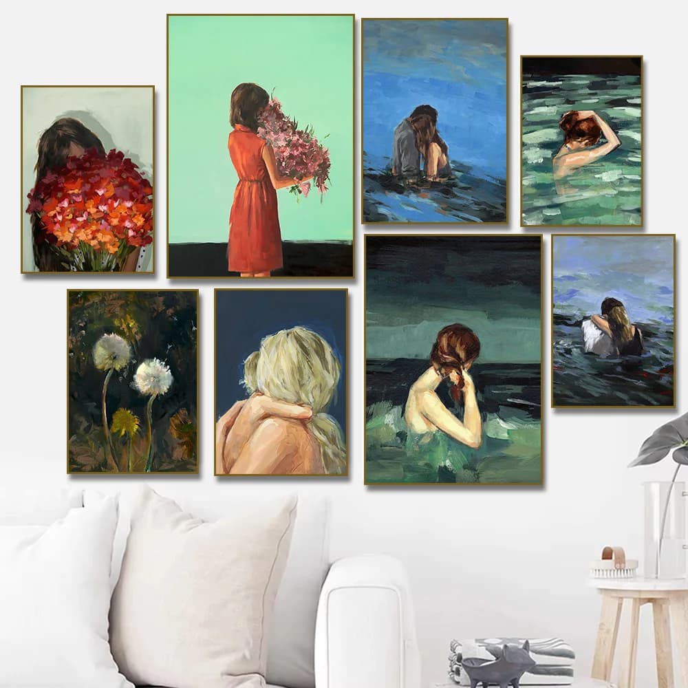 Beautiful Girl with Flower Landscape Poster Married To The Sea Summer Canvas Painting Print for Living Room Home Decor Cuadros
