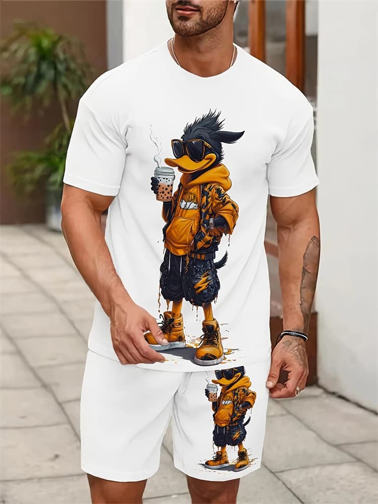 Summer Men's Personalized Two-piece Short-sleeved Cartoon Duck Print Drawstring Shorts Fashion Outdoor Large Size Sports Suit