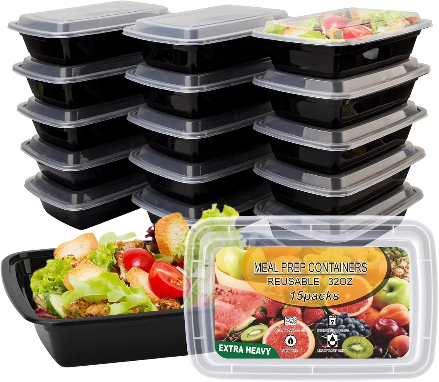 Set of 15 32oz Reusable Containers for Pasti, Airtight, Without BPA, Suitable for Microwave, Dishwasher and Freezer