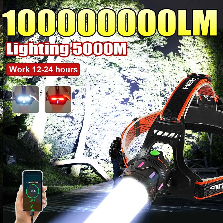 Faro LED Ultra Luminoso 2026 100.000.000LM Potente Torcia Frontale con Luce COB Ricaricabile 18650 Lanterna da Campeggio