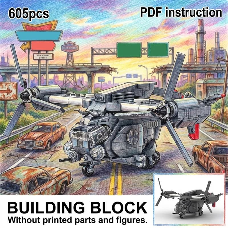 WWW Grey Tilt Rotor VTOL MOC - Modello Militare di Aereo da Assalto e Trasporto - Regalo Falowt
