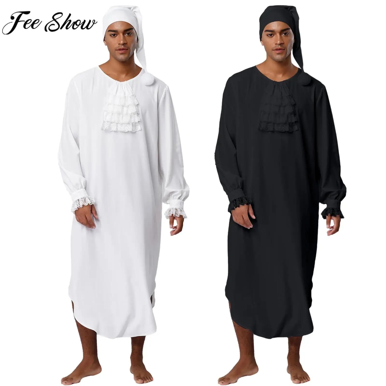 Camicia da notte da uomo in stile vittoriano Costume natalizio di Halloween Manica lunga con finiture in pizzo Abito da notte morbido e ampio con berretto da notte Pigiama