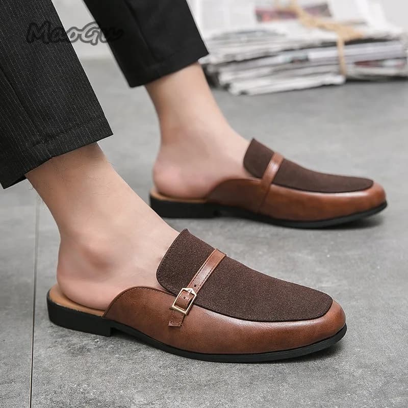Pantofole da uomo in ecopelle e camoscio con fibbia, senza schienale, tipo mule, slip-on, scarpe casual eleganti da uomo, piatte e comode.