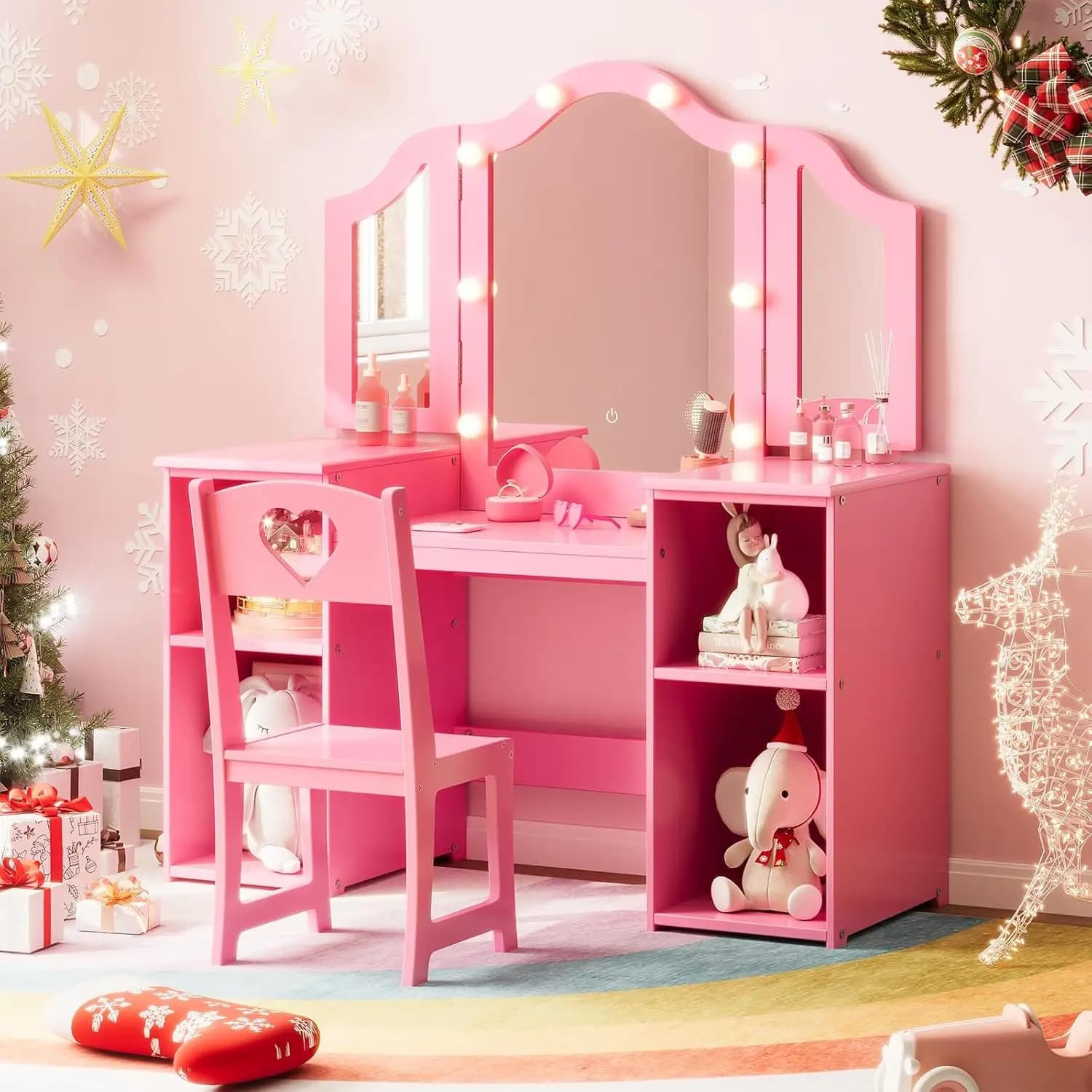 Set Tavolo e Sedia da Trucco per Bambine con Luci, Toeletta da Principessa, Scrivania per Trucco con Vano Porta Gioielli, Specchio Regolabile, Rosa