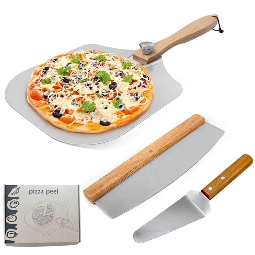 Spatola per pizza da 3 pezzi Taglierina a bilanciere Spatola per pizza Set di buccia per pizza in alluminio con manico in legno pieghevole