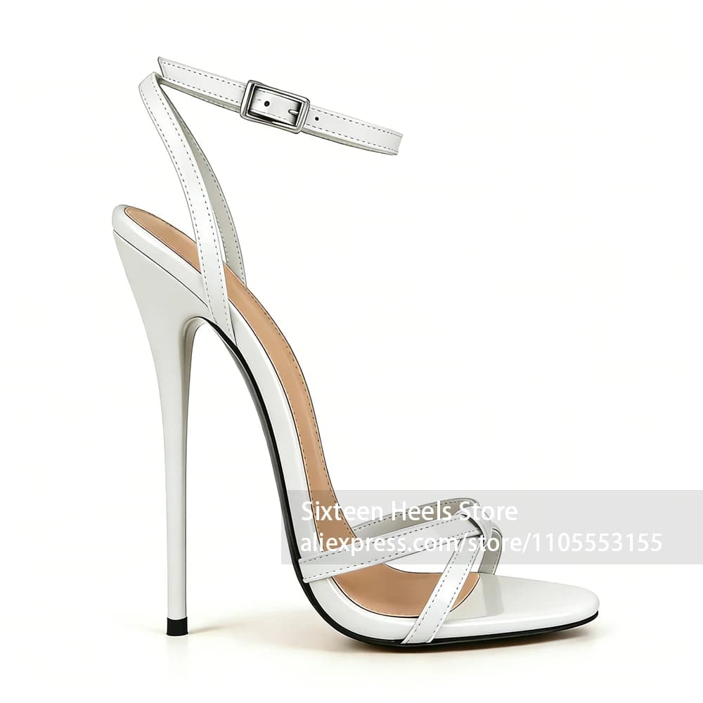16cm Lacquered Heel Knot Sandals Sweet Style Ankle Strap Summer Shoes Round Open Toe Metallic Squqre Buckle High Heels for Women