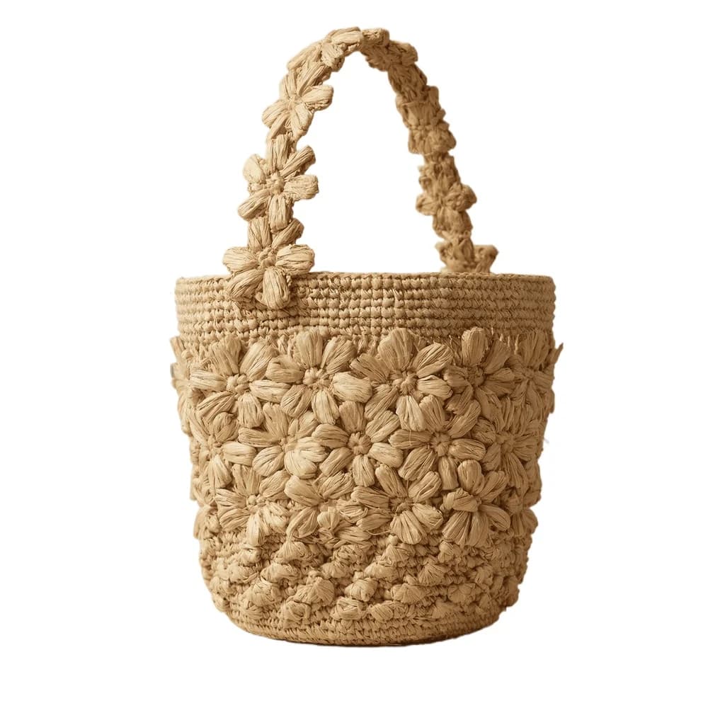 Borsa a secchiello estiva da donna in rafia intrecciata, fatta a mano, con fiori all'uncinetto, in paglia, stile francese, tote