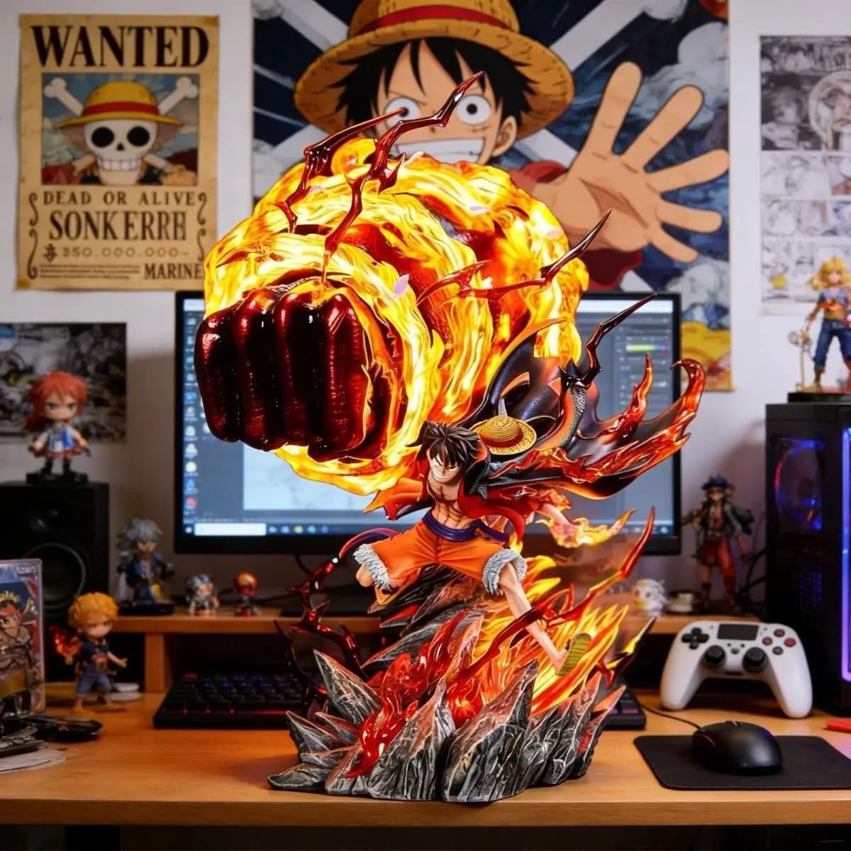 LZ Karmic Fire Luffy 35CM Light Up Figure GK Collectible Statue Large Model For Desk Home Display Decor Gift Collectio